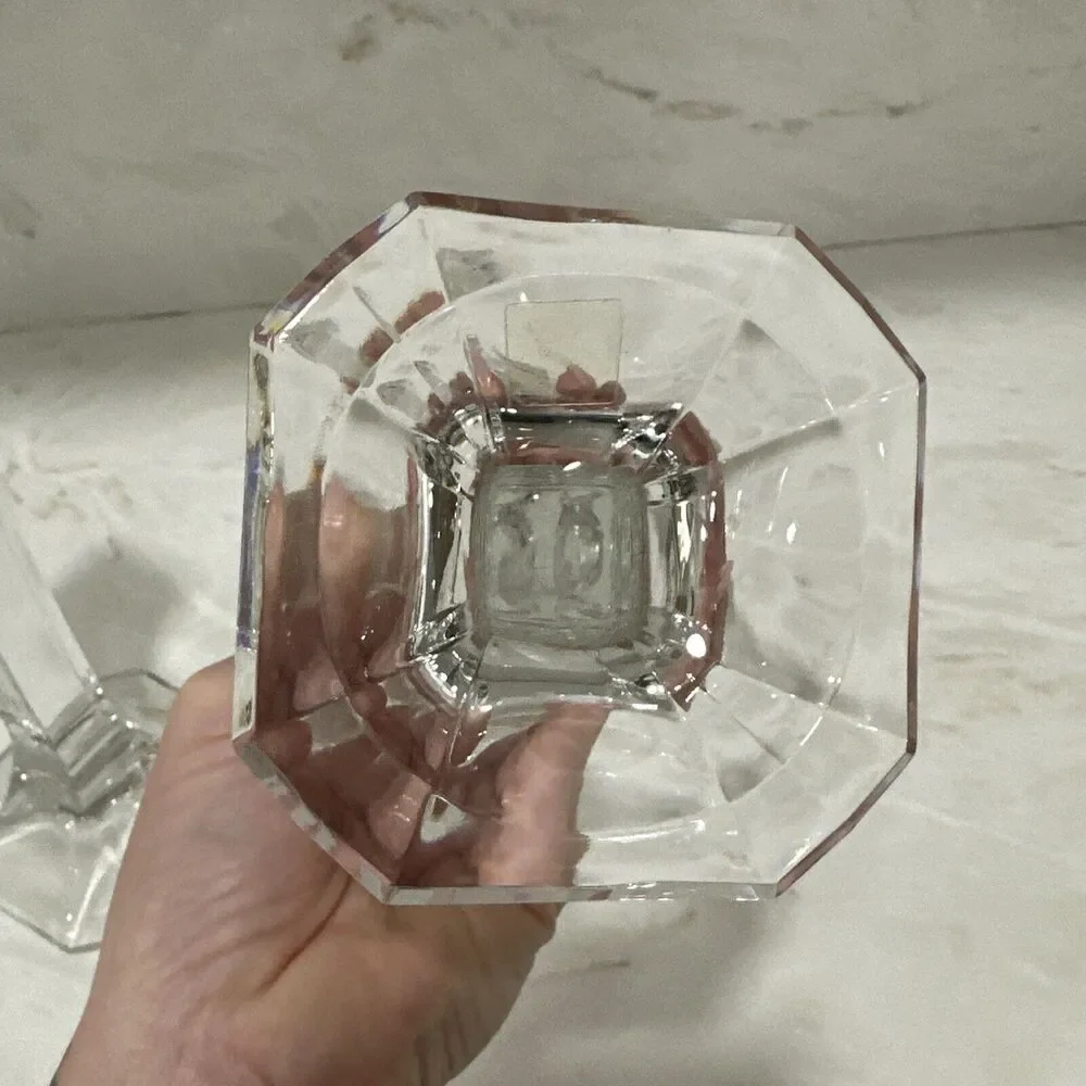 Vintage MCM Mikasa Hyde Park Clear Crystal Art Deco Taper Candle Holders Set 2